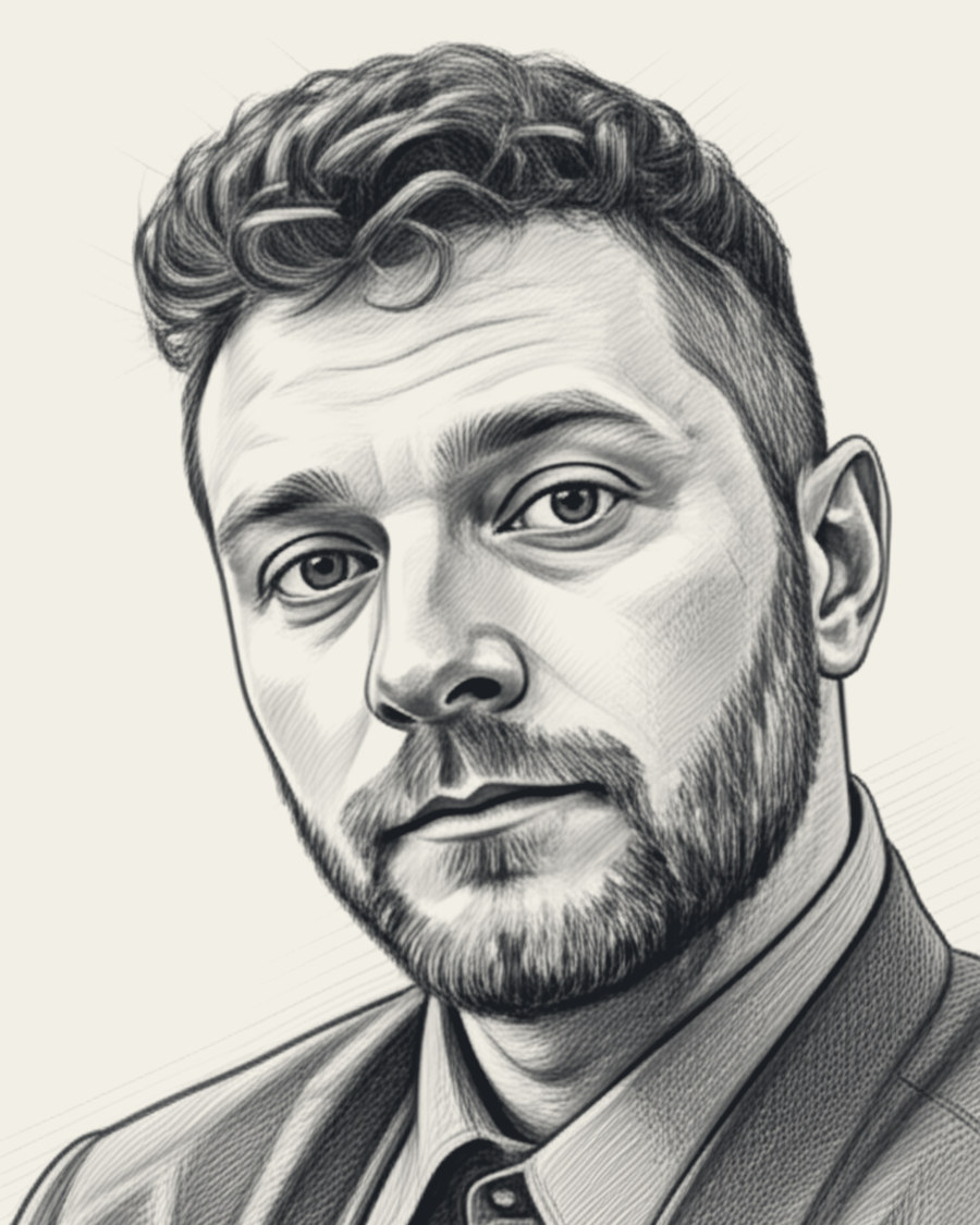 Rick Winnett, as a fine-line pen-and-ink portrait study: short curly hair, a full beard, an open collar under a jacket.